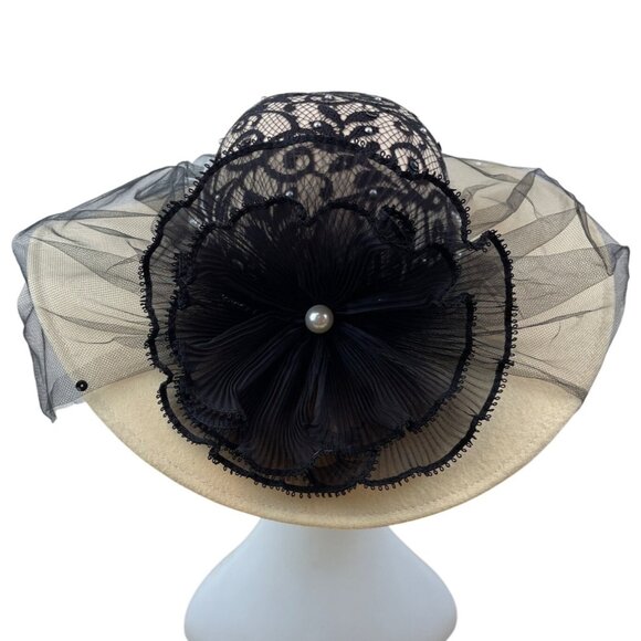 Whittall & Shon Vintage Black Lace & Pearls Wide Brim Hat Netting Floral Accent main image 7